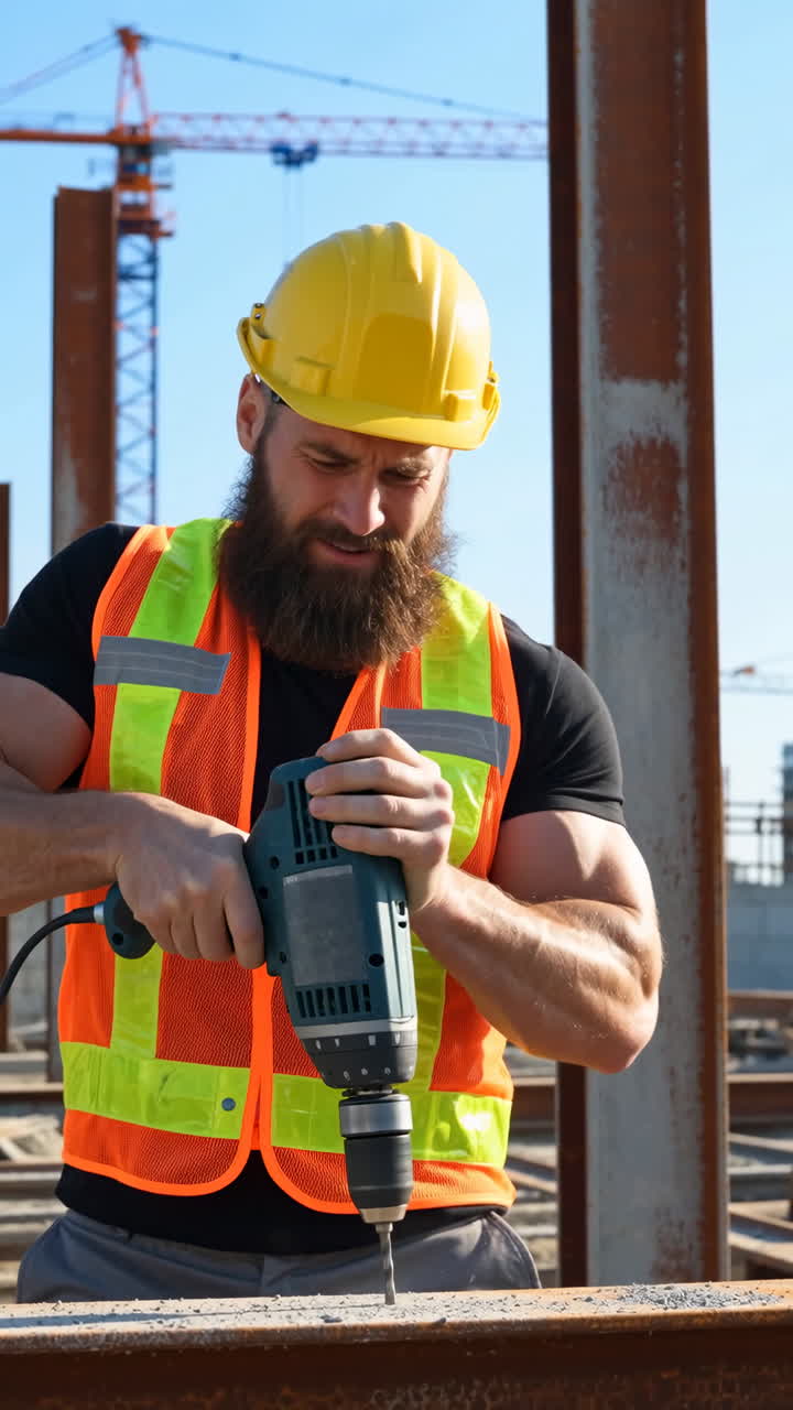 Construction Worker Drilling on a Building Site