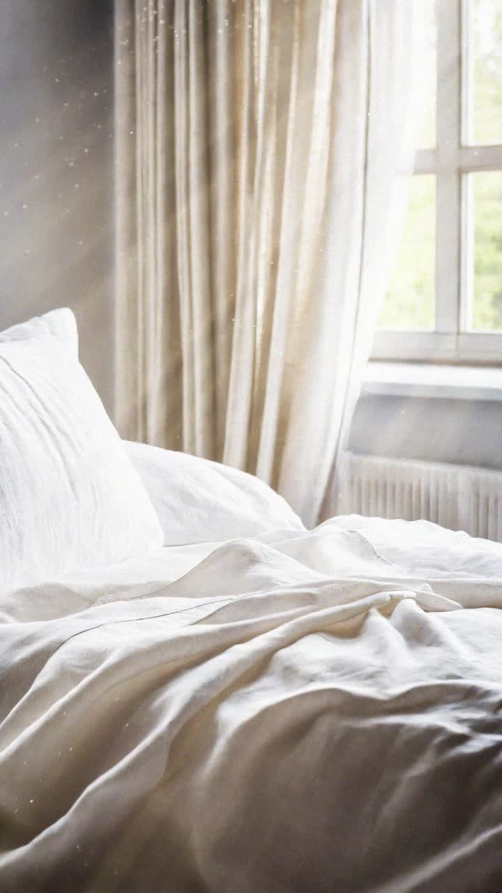 Tempat Tidur Berantakan yang Nyaman dengan Seprai Putih dan Sinar Matahari di Kamar Tidur
