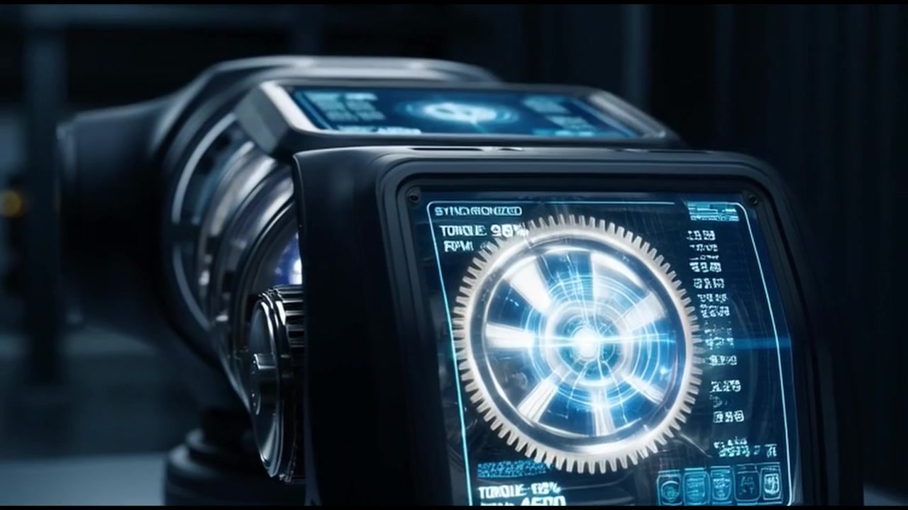 Mecanismo robótico futurista con engranajes luminosos y pantalla digital