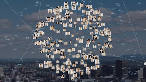 network of profile pictures forming globe animation over cityscape background