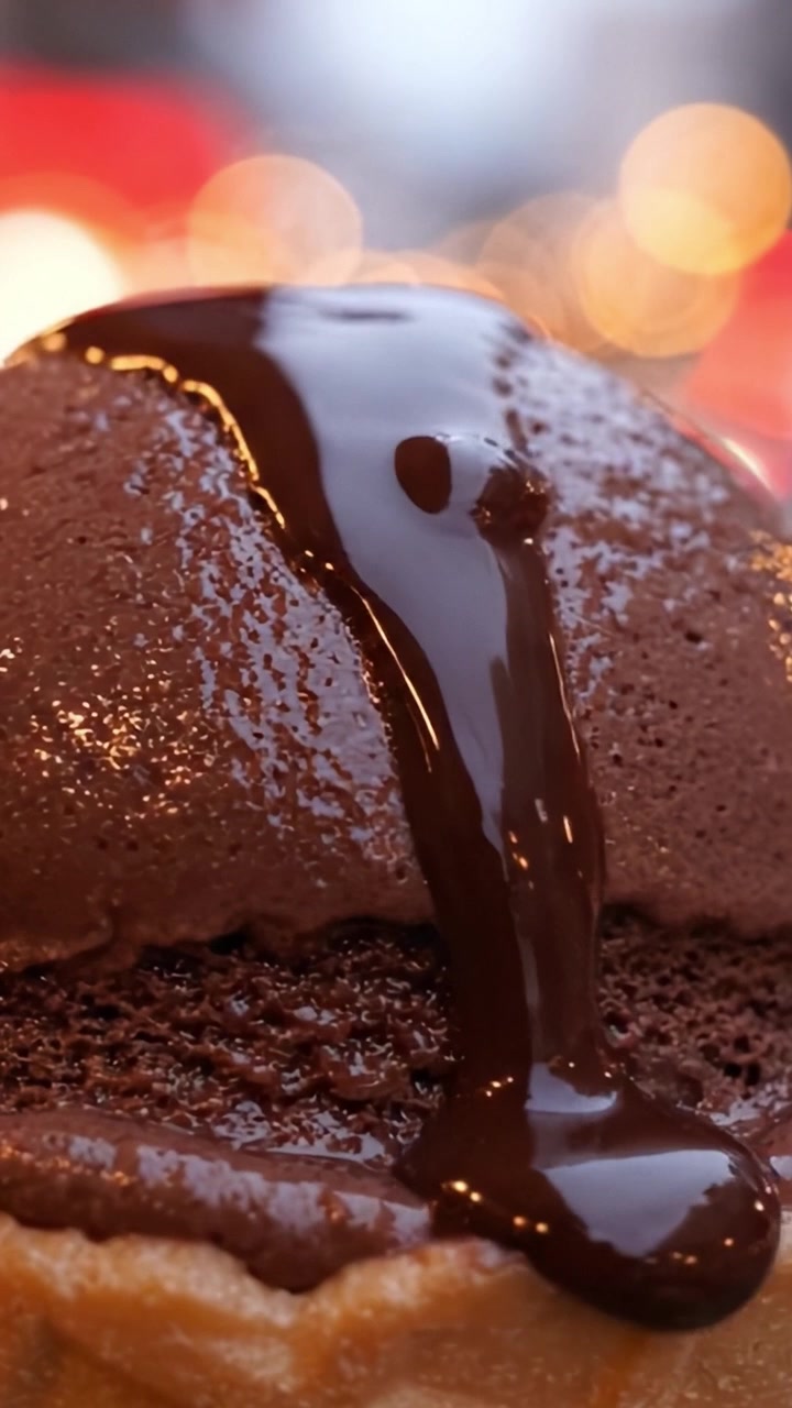 Un delizioso primo piano di ricco gelato al cioccolato con una colata di irresistibile salsa al cioccolato in un cono waffle, creando un'esperienza dessert tentatrice