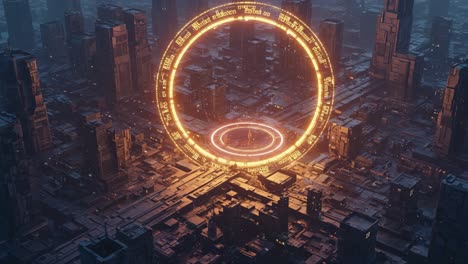 a surreal urban landscape featuring an enigmatic illuminated portal surrounded by stark architecture, shining a mysterious glow over the cityscape at dusk