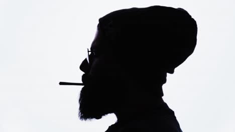 silhouette of bearded man lighting marijuana joint, smoking and exhaling, white background, cannabis