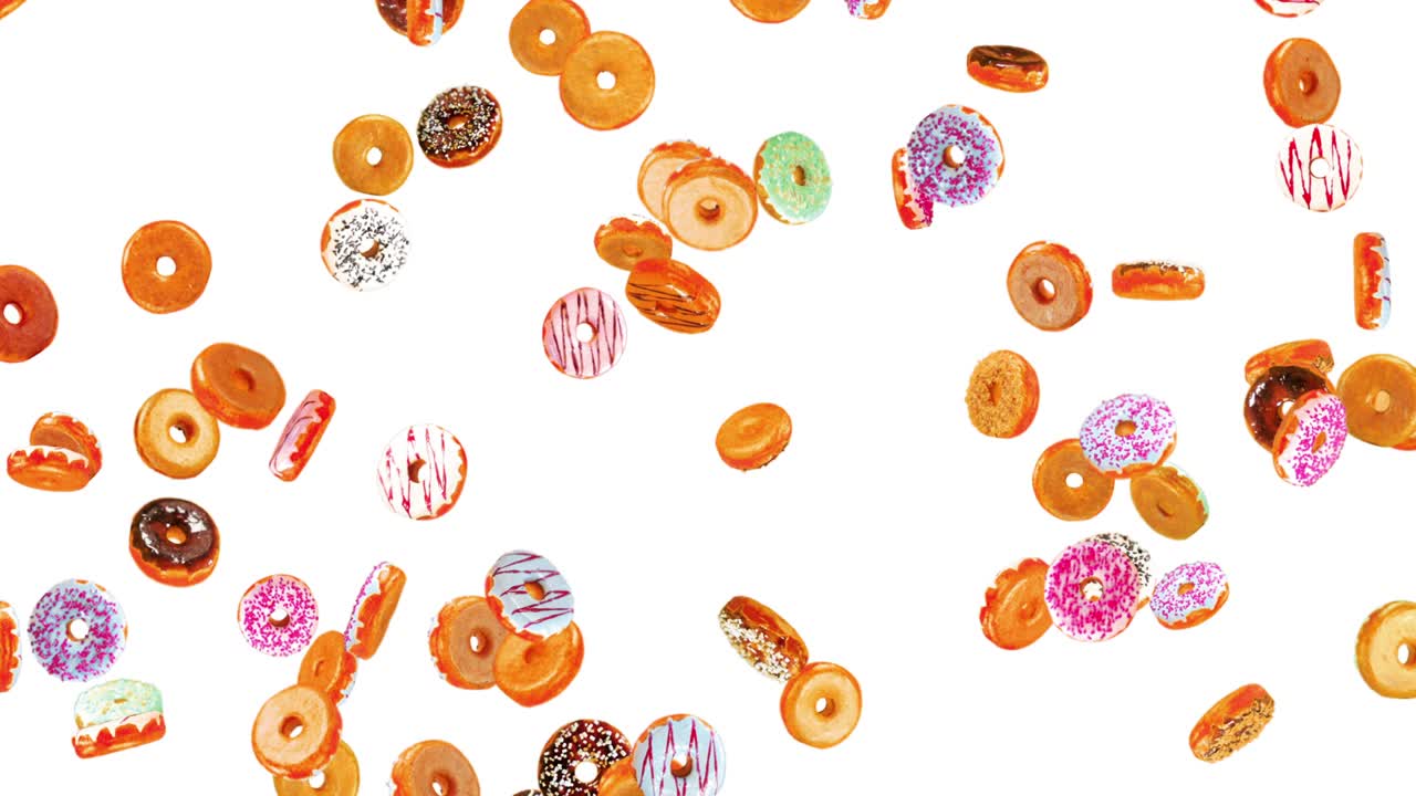 Flying many colorful donuts on white background. Doughnut cake, Sweets, Dessert. 3D animation of donut rotating. Loop animation.