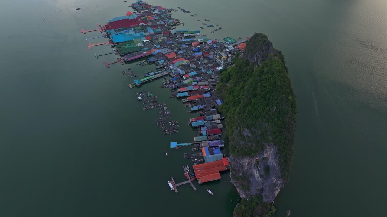 Koh Panyi island's floating fishing village from the air, Thailand