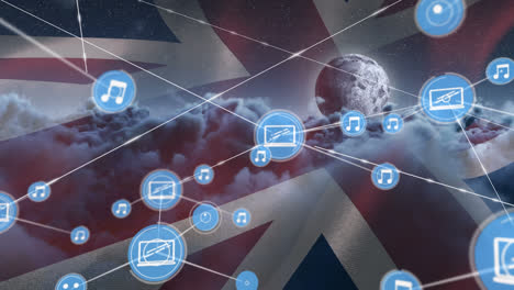 Animation-of-network-of-connection-and-icons-over-uk-flag-and-cloudy-sky