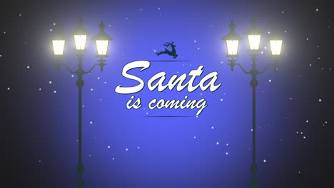 Santa-Is-Coming-with-white-snowflake-and-street-lights-in-night