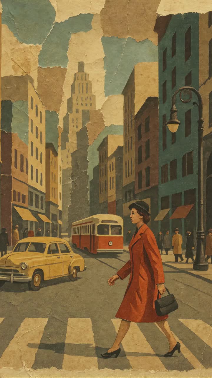 Vintage-style video still of a city street, captured from a low angle. A woman in a red coat crosses