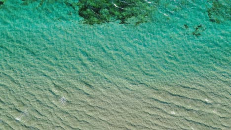 Top-down-aerial-of-turquoise-teal-sea-waves-crashing-against-summer-beach