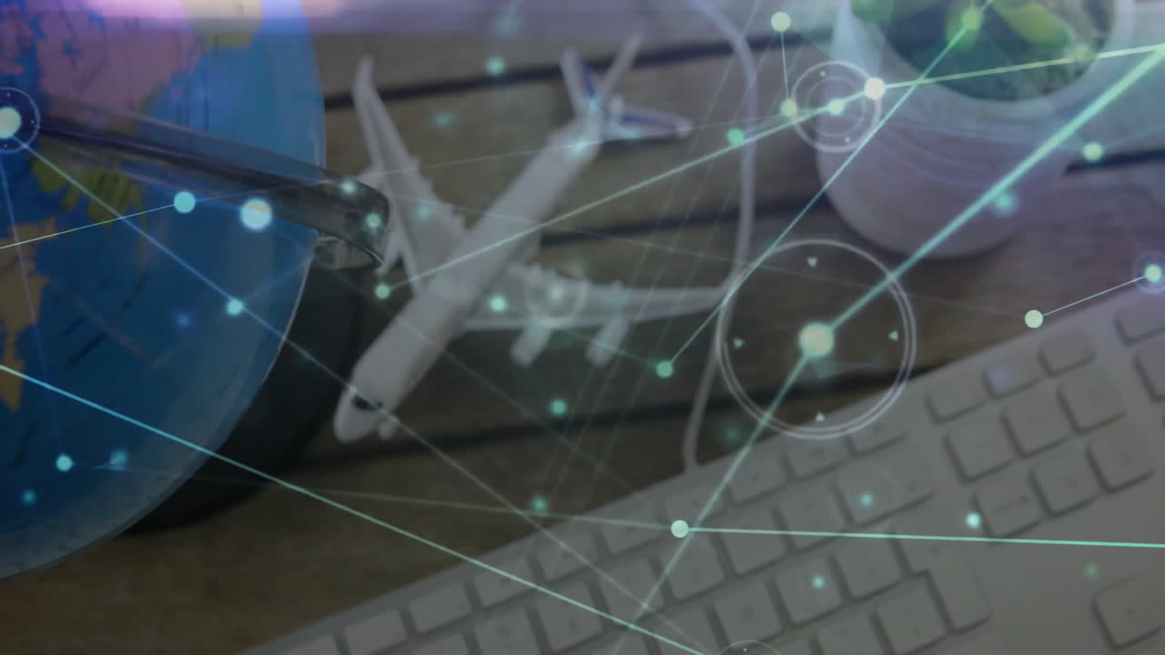 네트워크 연결 및 데이터 포인트 애니메이션이 책상에있는 여행 계획 항목을 통해