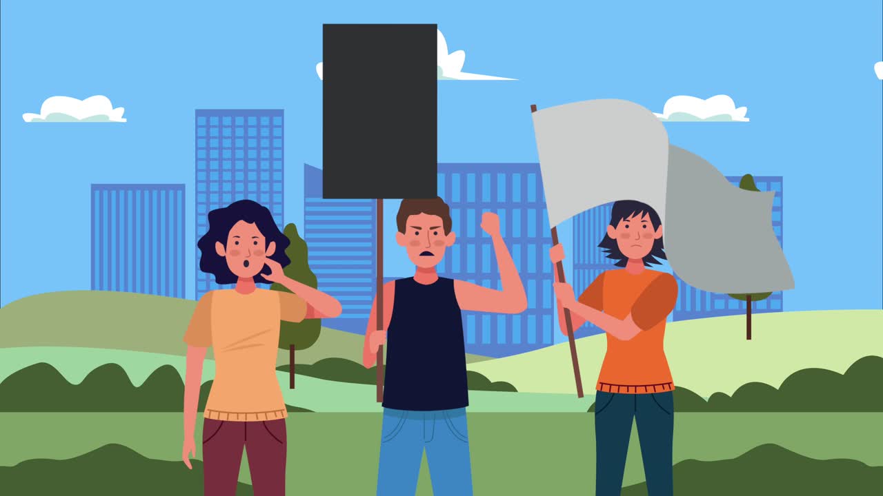 people protesting with banner and flag characters