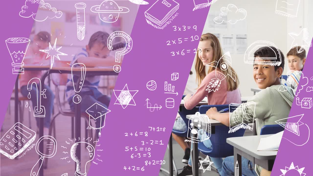 다양한 학생 그룹 위에 떨어지는 학교  ⁇  아이콘의 애니메이션