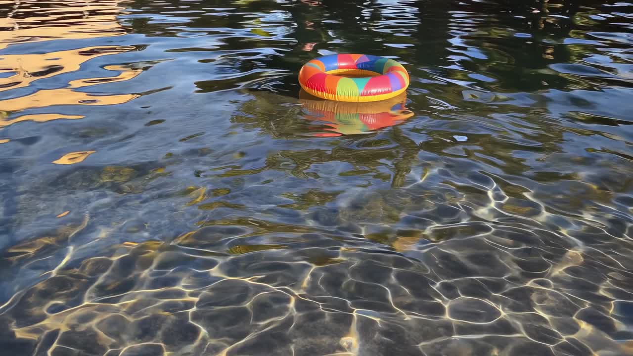 Multicolored inflatable ring floating on crystal clear water, creating relaxing summer vibes with gentle ripples and reflections of sunlight