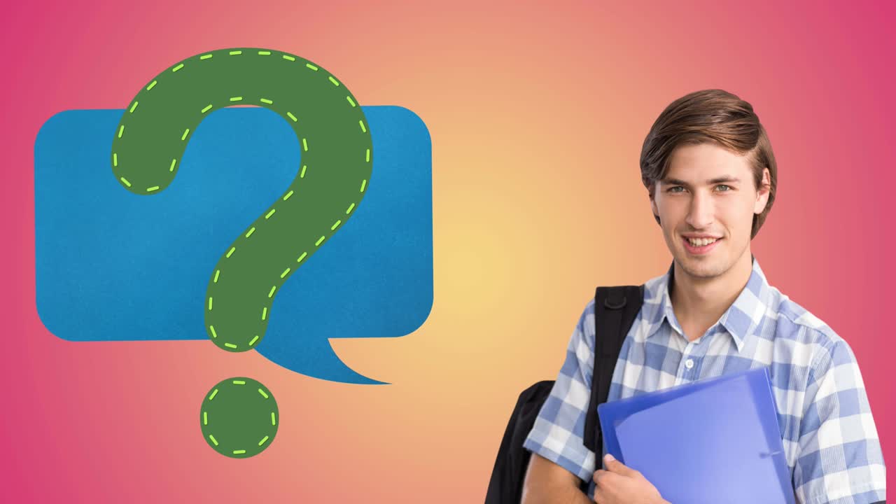 백인 남성 학생 위에 물음표가 있는 연설 거품의 애니메이션