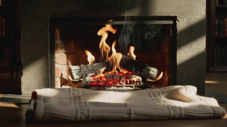Glowing lit logs in stone fireplace drawing flames embers and smoke in living room, knit blanket