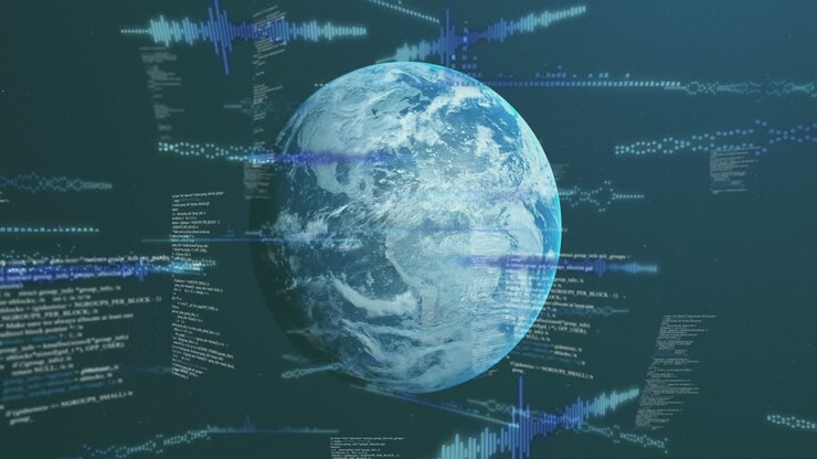 Animation of data processing over globe on blue background