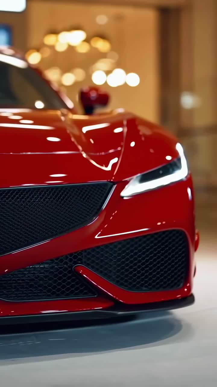 Video ravvicinato di una elegante auto sportiva rossa, che mostra il suo design moderno da una angolazione bassa