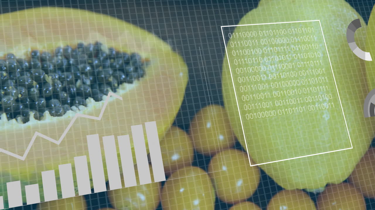 Papaya and lemons with data charts and binary code overlay animation
