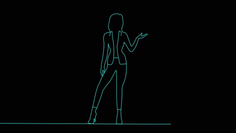 animation of one line blue drawing of single continuous line drawing businesswoman standing straight with open arms