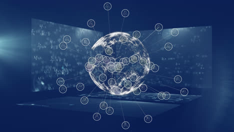 web of connections icons over spinning globe against mathematical equations