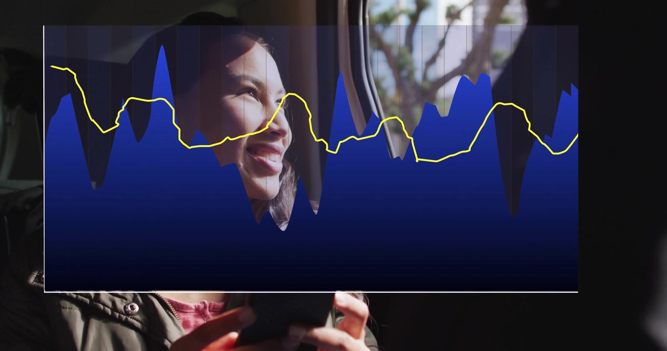 Woman holding phone in back seat, yellow trace drawing across finance graph causing smile