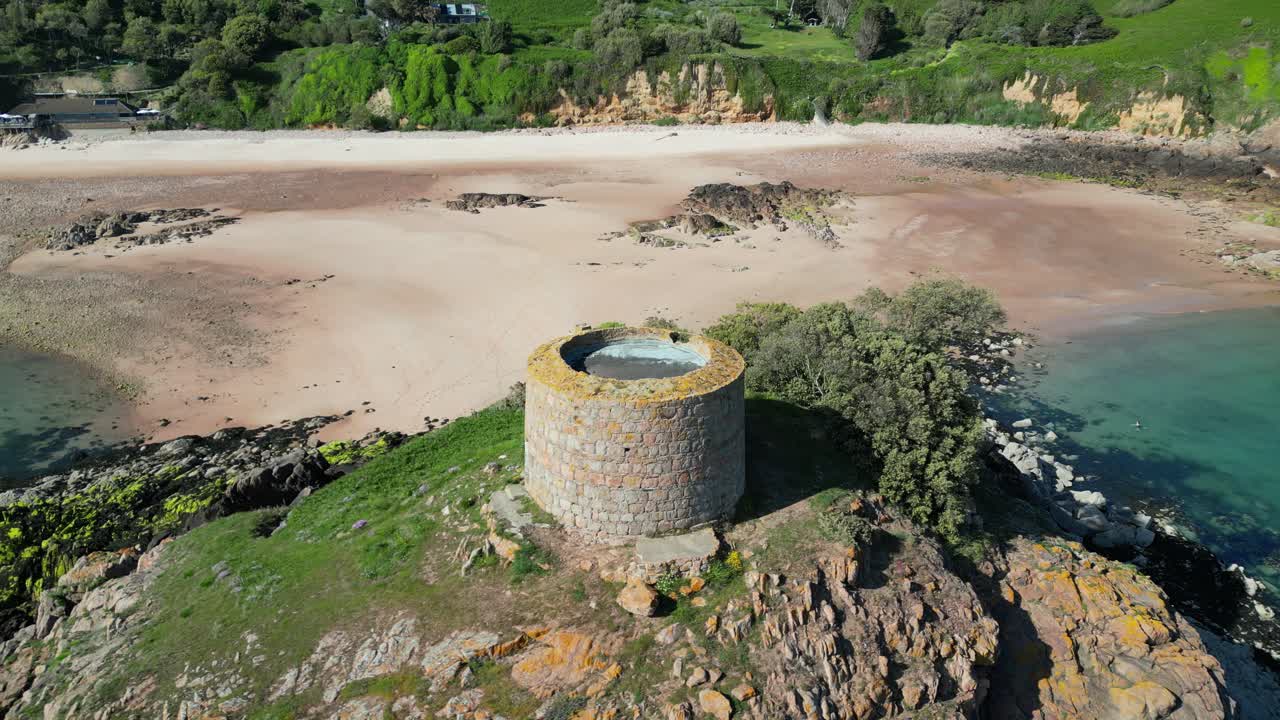 Janvrin&rsquo;s Tomb on small island Portelet beach Jersey Channel Islands drone,aerial