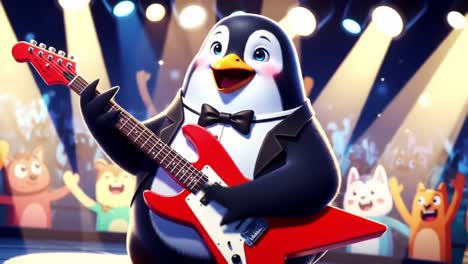 a joyful penguin takes center stage with a red guitar, captivating an enthusiastic audience of adorable animals in a colorful, animated performance