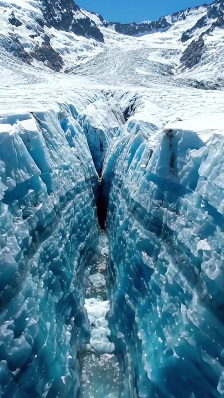 Impressionante Crepaccio Glaciale: Una Vista Mozzafiato di Formazioni di Ghiaccio e Profonde Fessure in un Ghiacciaio Circondato da Maestose Cime Montuose Sotto un Cielo Azzurro e Limpido