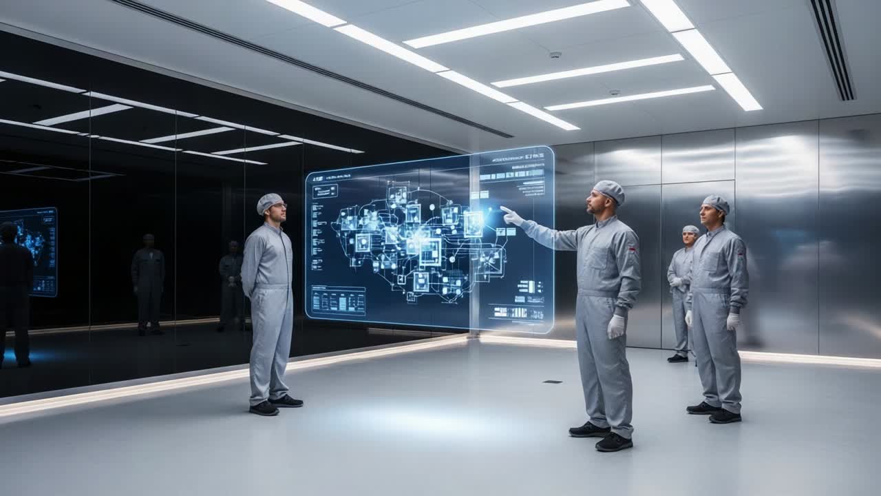 In a high-tech facility, a team of scientists analyzes complex data visualizations on an advanced holographic screen to make informed decisions for their cutting-edge research and development projects
