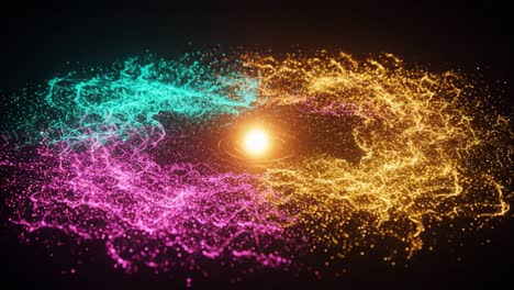 vivid energy swirls: a mesmerizing display of colorful light streams and radiant particles forming a dynamic circular pattern in a dark background