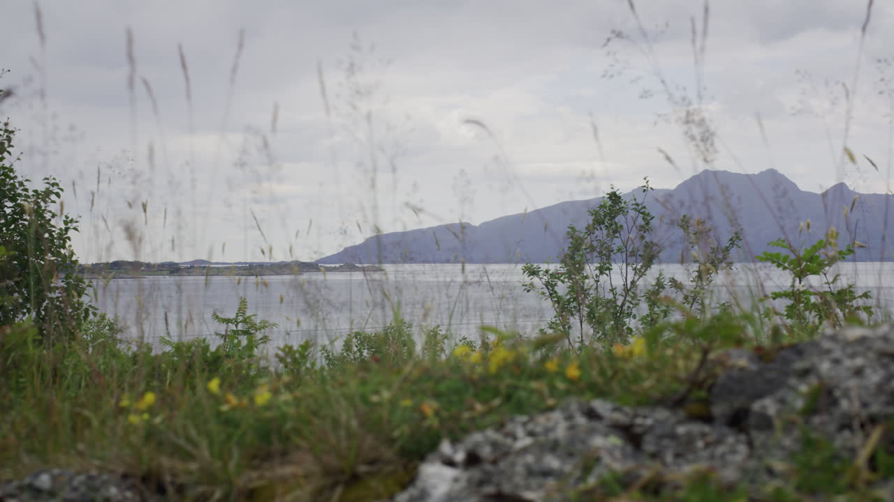Gimbal shot moving along bunker edge towards fjord with ship at a coastal battery site