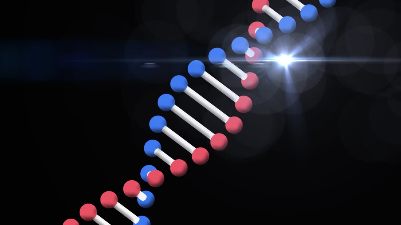 검은 바탕에 있는 빛의 흔적 위에 있는 dna 줄기의 애니메이션