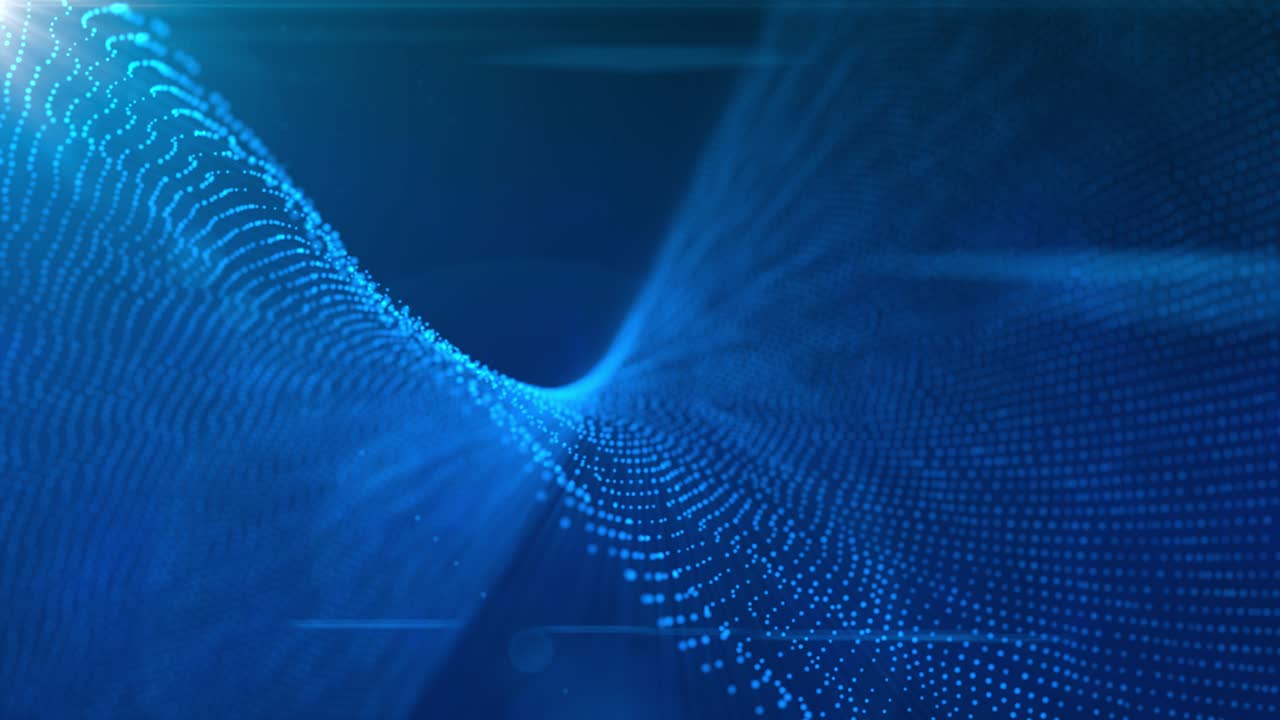animación de fondo de movimiento abstracto con una onda de luz fractal azul fluida de partículas de luz azul brillante y destello de la lente. profundidad de campo poco profunda bokeh.