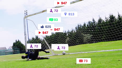 animación de procesamiento de datos digitales sobre el portero de fútbol americano africano en el campo