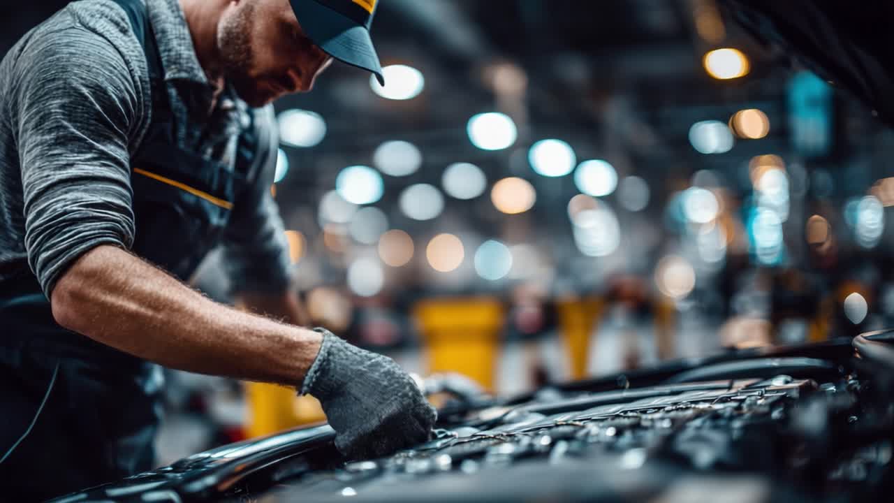 Mechanic Skillfully Diagnoses Engine Trouble Under Dim Workshop Lights, Showcasing Precision and Expertise While Focusing on Automotive Repair and Maintenance Tasks