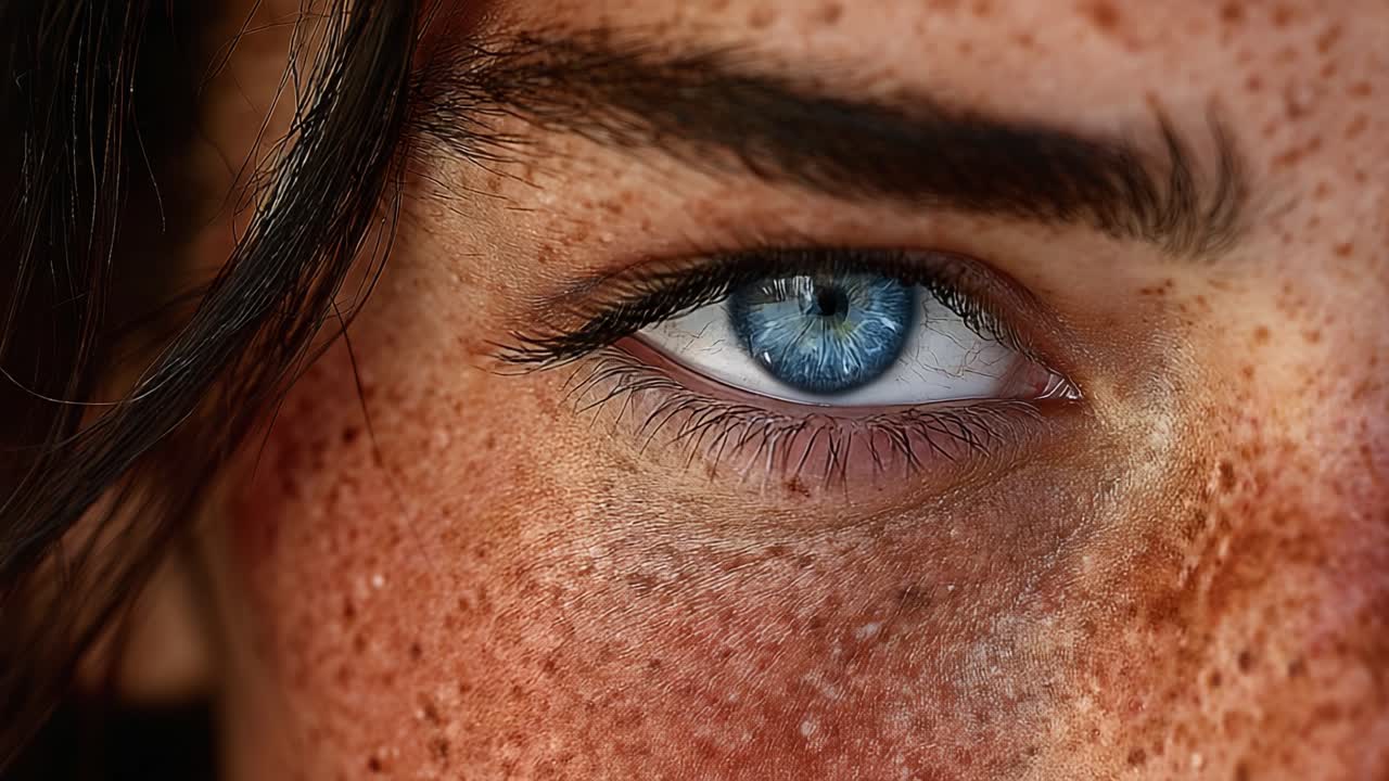 Captivating Close-Up of a Young Person's Eye, Highlighting Striking Blue Iris and Unique Freckles, Showcasing Natural Beauty and Intriguing Expressions