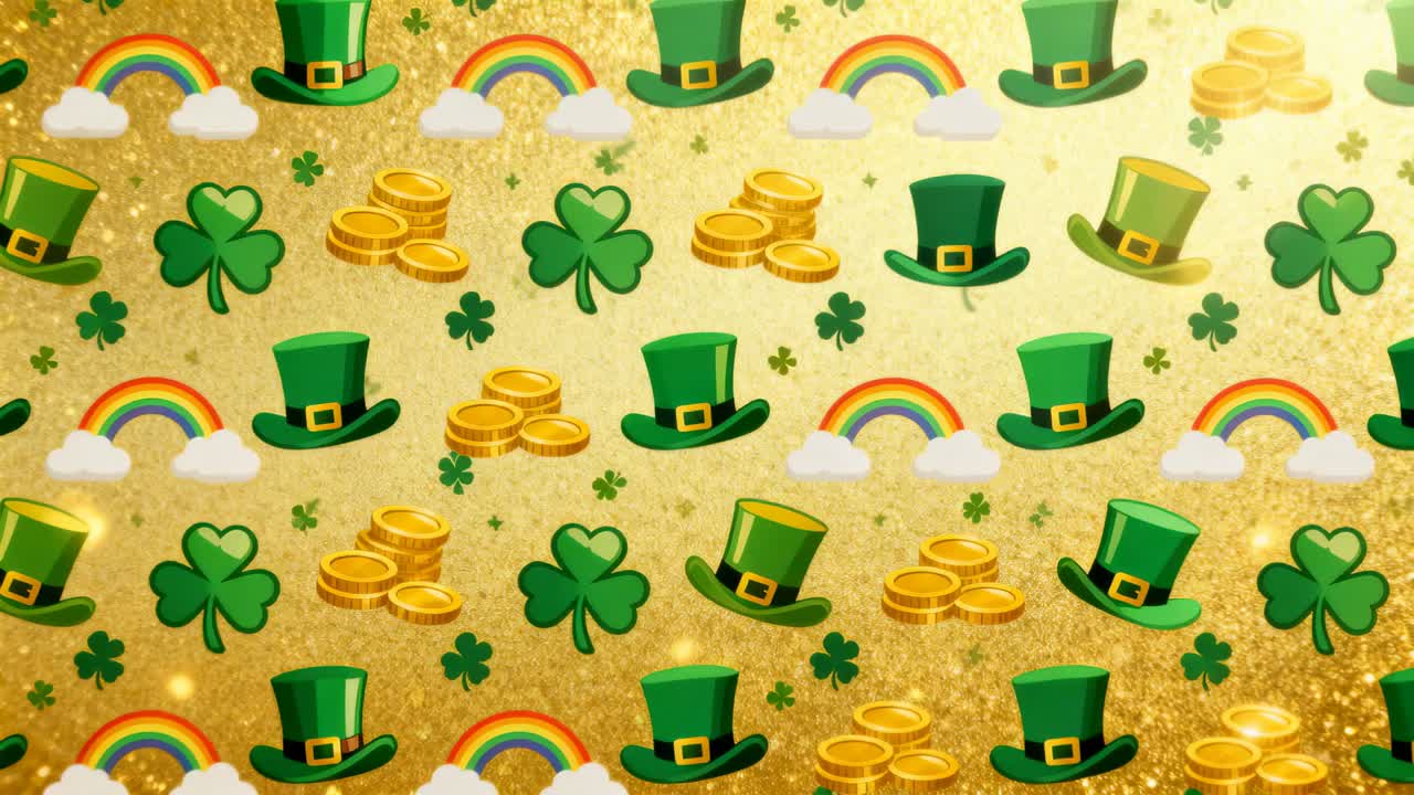Looping St Patrick pattern drifting downward on gold backdrop as decor with hats, coins, clovers