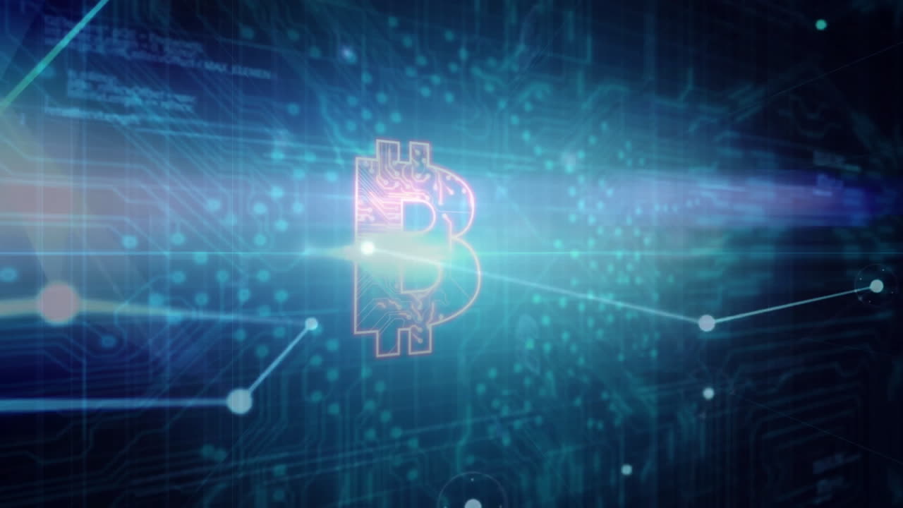 Glowing Bitcoin symbol pulsing at center, floating amid blue blockchain grid nodes in flat design