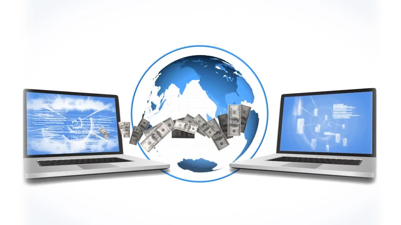 노트북 컴퓨터와 돈으로 둘러싸인 회전하는 디지털 지구의 애니메이션