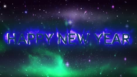 animación del texto de feliz año nuevo sobre el cielo con estrellas