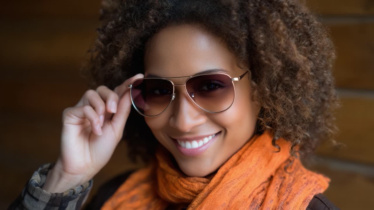 Sourires charmants: une série de clichés capturant l'élégance et la joie d'une jeune femme aux cheveux bouclés et aux lunettes de soleil dans un cadre extérieur chaleureux