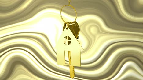 animation of golden key and house over moving golden background