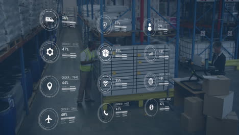 animación de iconos con procesamiento de datos sobre diversos trabajadores en el almacén