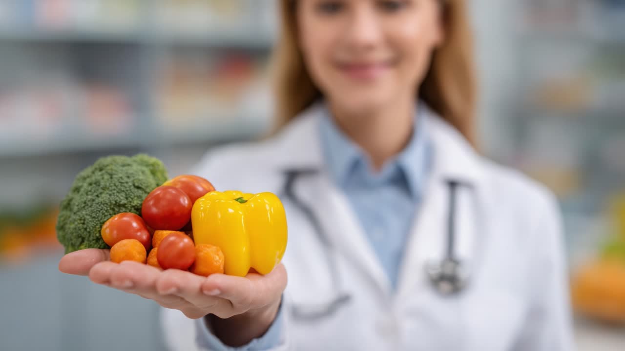 Un professionista sanitario sorridente che tiene in mano una varietà di frutta e verdura colorata, enfatizzando l'alimentazione sana e la consapevolezza nutrizionale