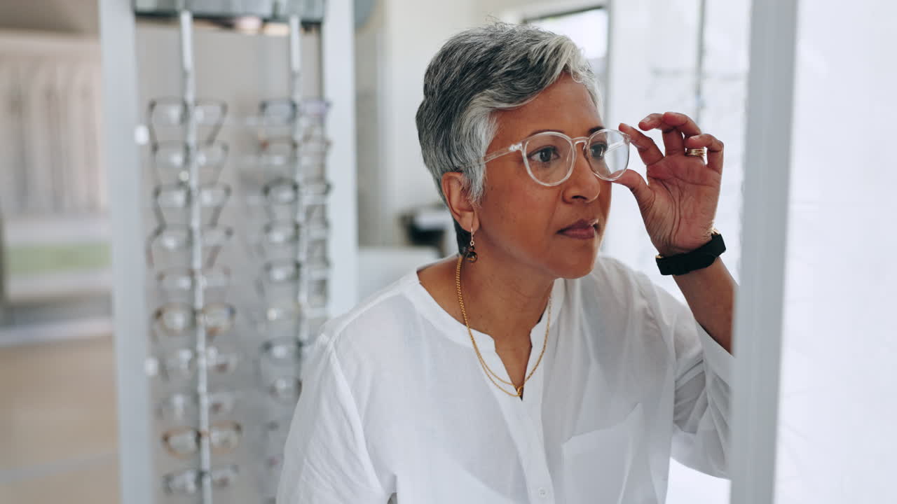 gafas, compras y espejo con una mujer mayor