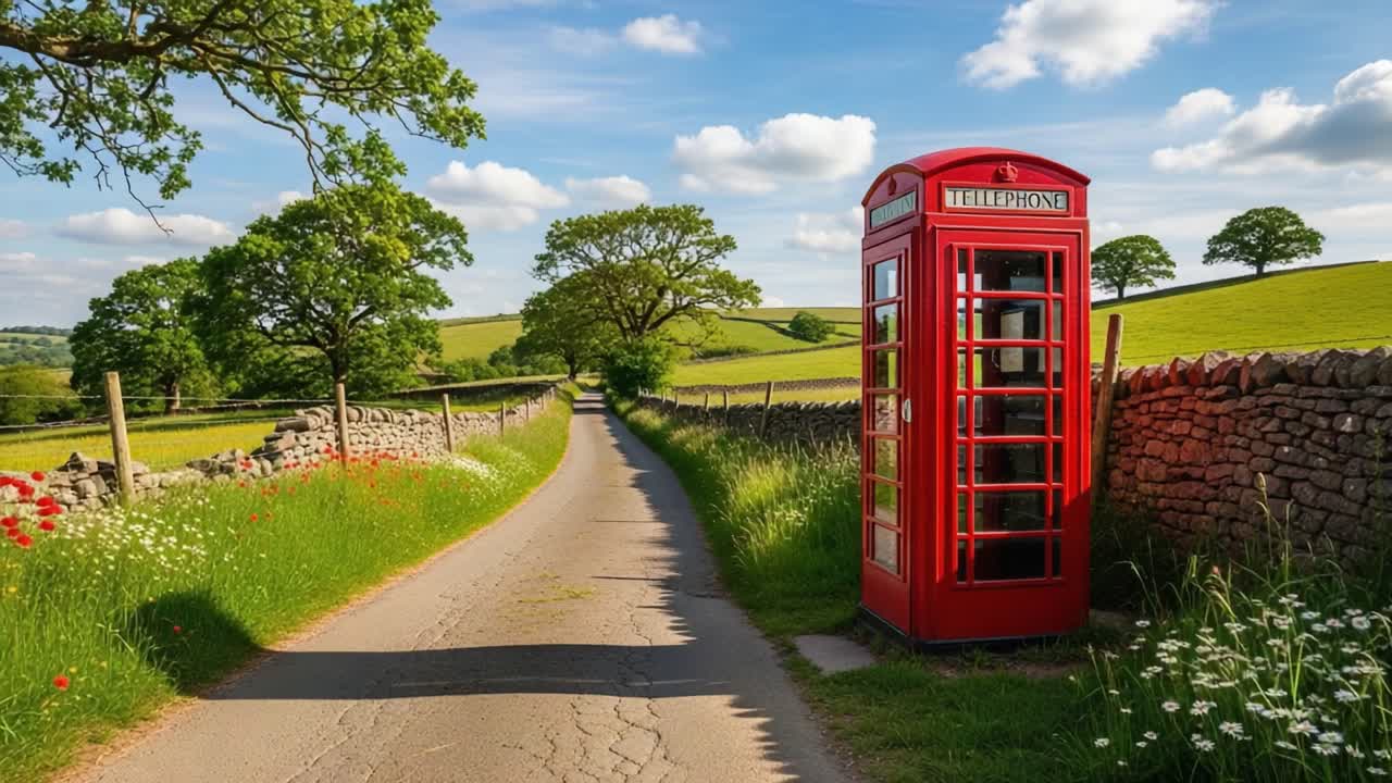 A Scenic Countryside Pathway with Lush Green Fields and a Classic Red Telephone Box, Complemented by a Vibrant Blue Sky and Gentle Rolling Hills