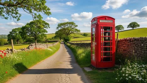 a scenic countryside pathway with lush green fields and a classic red telephone box, complemented by a vibrant blue sky and gentle rolling hills