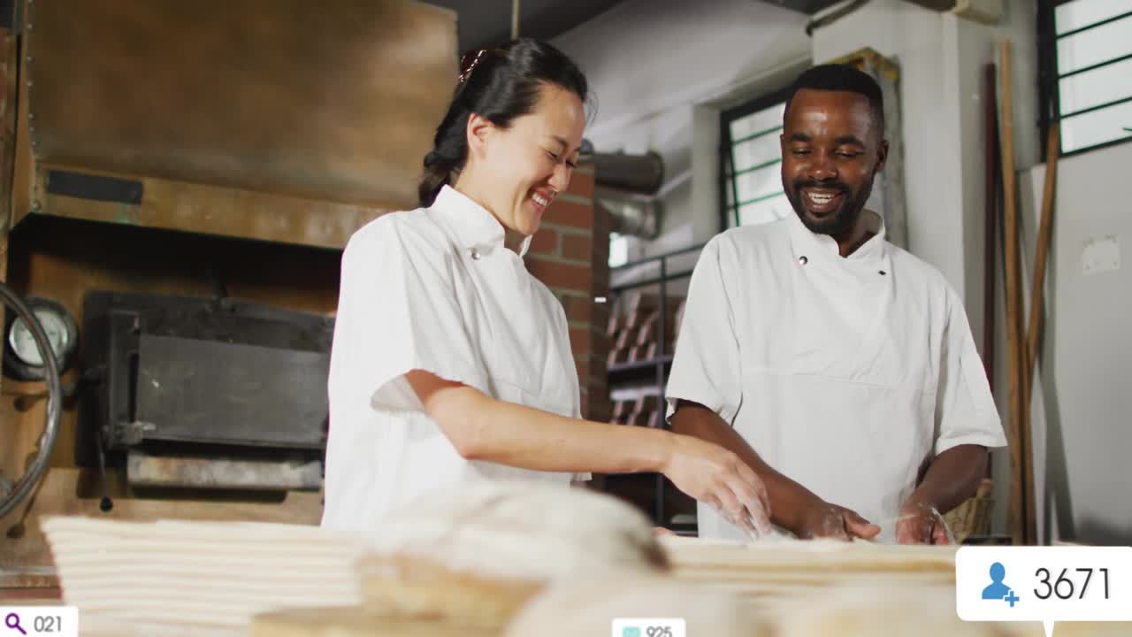 Flour sprinkling and folding leading icons appearing in bakery bakers kneading monitoring metrics
