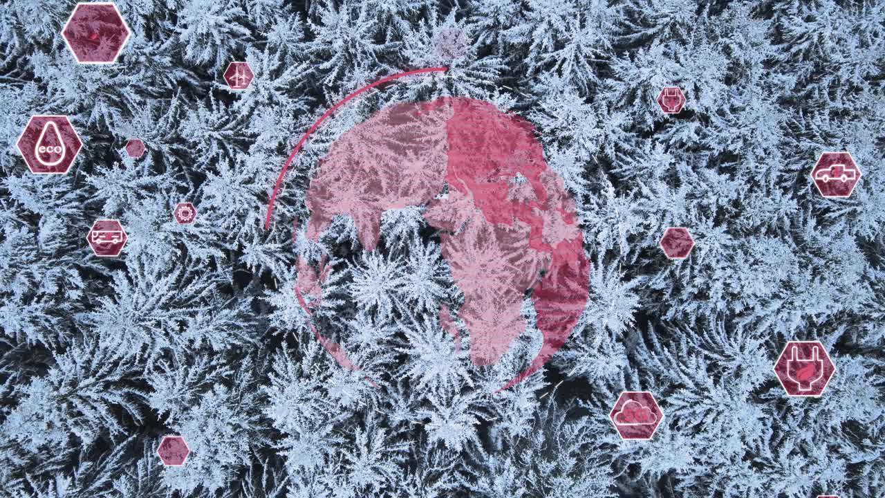 Icone di sviluppo sostenibile e globo rotante su paesaggio invernale