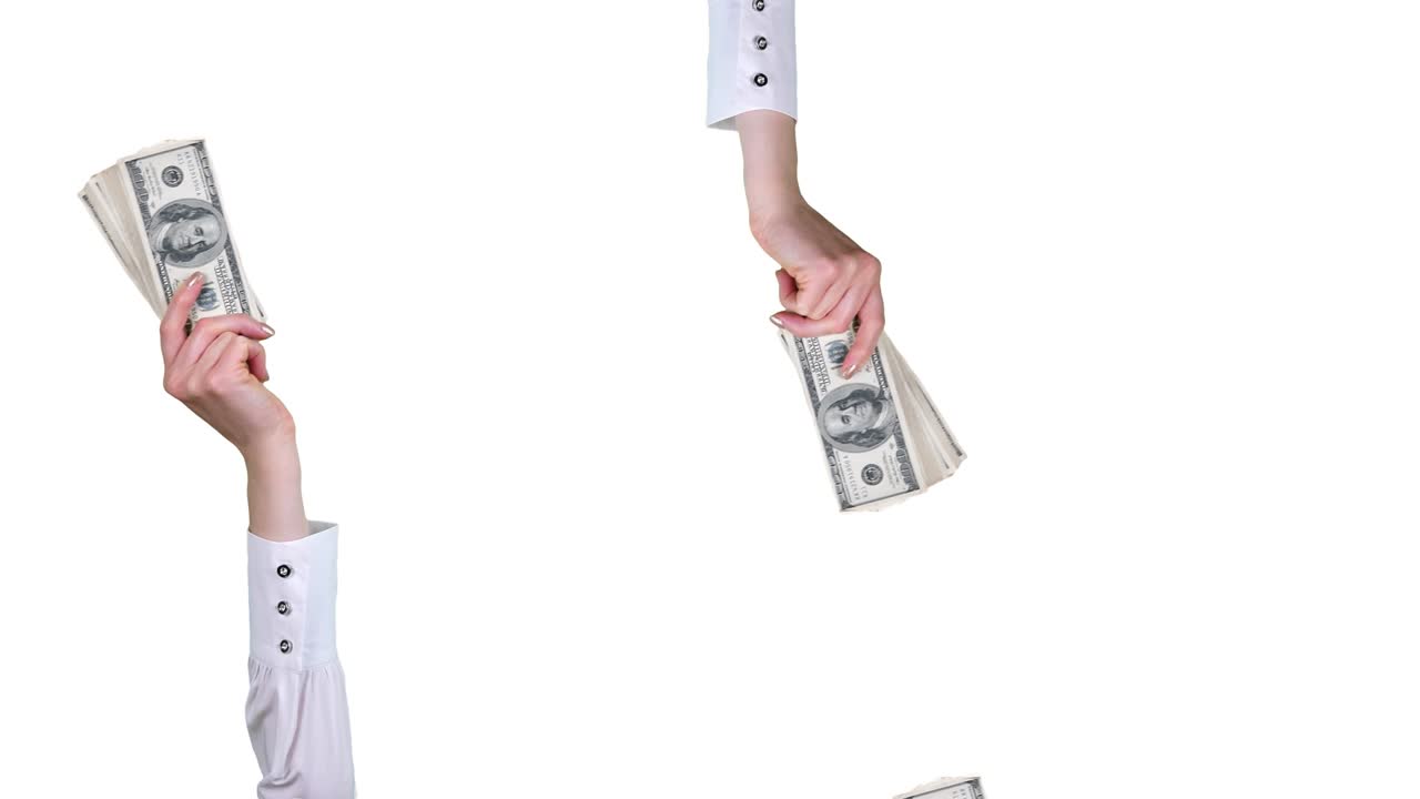 돈, 현금, gif 애니메이션, 클로즈업, 여성 손,  블라우스, 백 달러 지폐 어리를 들고, 그들을 흔들고,  바탕에 고립되어,  모양의 이 없는 패턴, 애니메이션